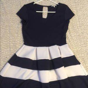 Navy blue and white fit and flare dress
